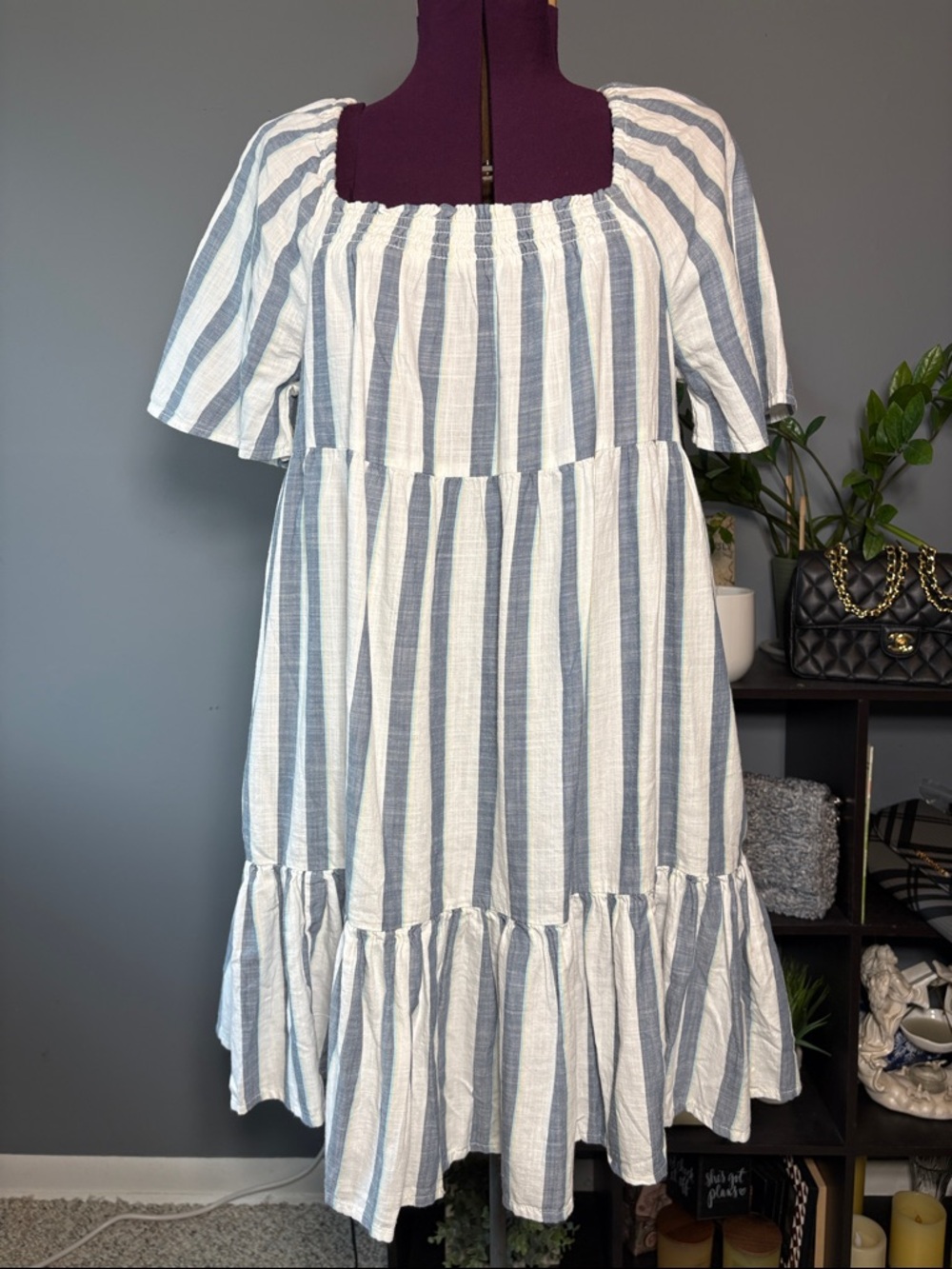 a.n.a Women's' Blue and White Striped Square-Neck Tiered Dress